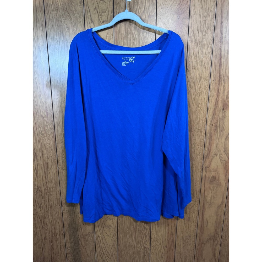 Terra & Sky Women 4X Royal Spice Blue V-Neck Long Sleeve T-Shirt FDTS49052